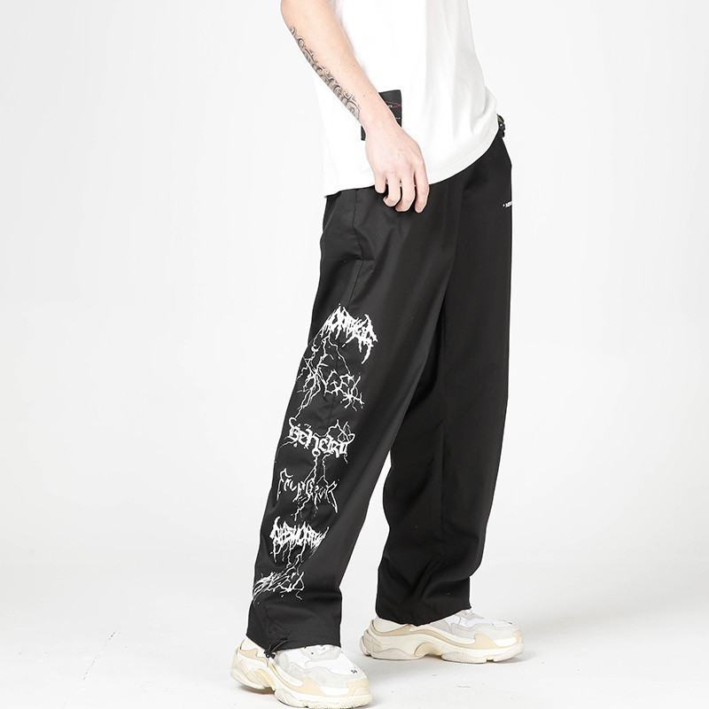 Japońskie Proste Spodnie Z Nadrukiem Ulicznym Męskie Sznurowane Spodnie Z Elastycznym Pasem I Szerokimi Nogawkami
