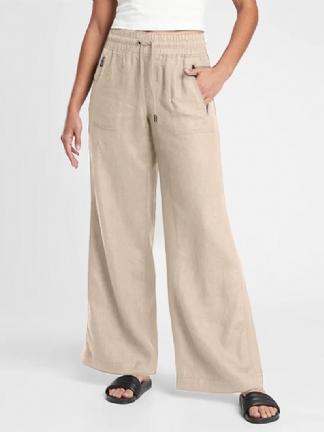 Jednokolorowe Spodnie Z Elastyczną Talią Z Boczną Kieszenią Proste Spodnie Z Szerokimi Nogawkami Dla Kobiet