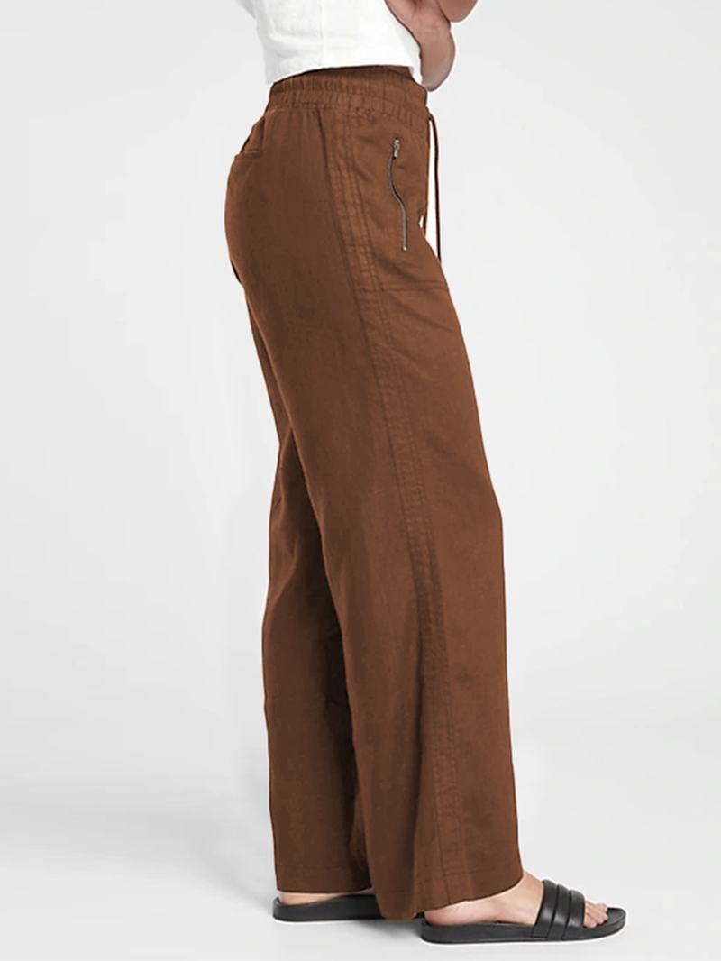 Jednokolorowe Spodnie Z Elastyczną Talią Z Boczną Kieszenią Proste Spodnie Z Szerokimi Nogawkami Dla Kobiet
