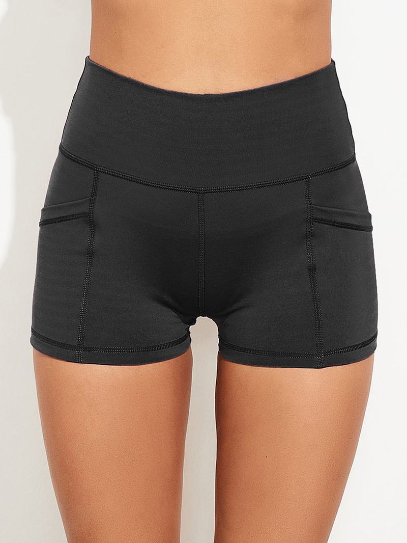 Jednokolorowe Szwy Z Wysokim Stanem Stretch Running Yoga Pocket Short Legginsy Dla Kobiet