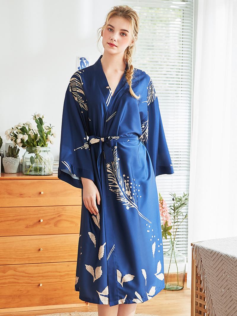 Jedwabna Jedwabna Koszula Nocna Kimono Z Długim Rękawem W Kwiaty