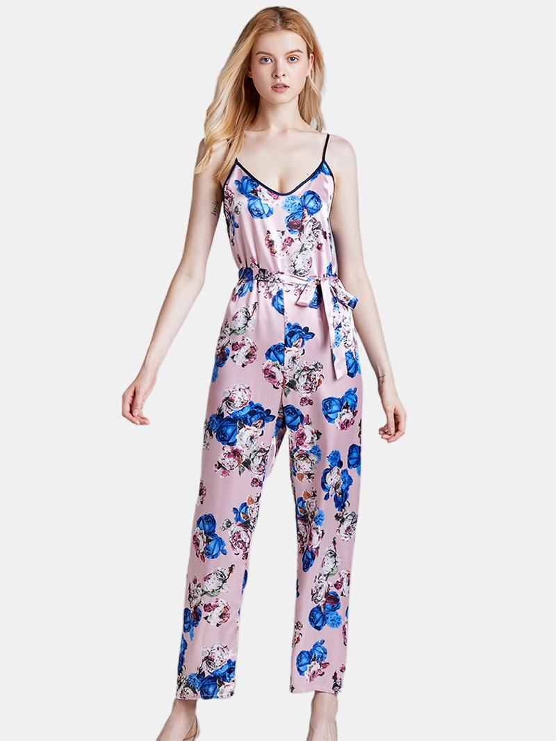 Jedwabne Kombinezony Bez Rękawów Długie Spodnie Flora Printed Sleepwear