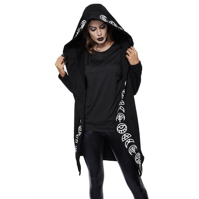 Jesień Gothic Casual Cool Chic Black Plus Size Bluzy Damskie Luźne Bawełniane Bluzy Z Kapturem Gładki Nadruk Kobiece Bluzy Punkowe