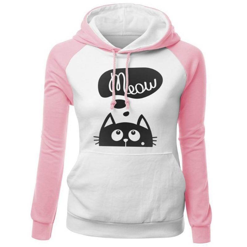 Jesień Zima Nowe Bluzy Dla Kobiet Bluza Kot Meow Druku Mody Bluzy Kpop Bluzy Raglan Harajuku Kapturem