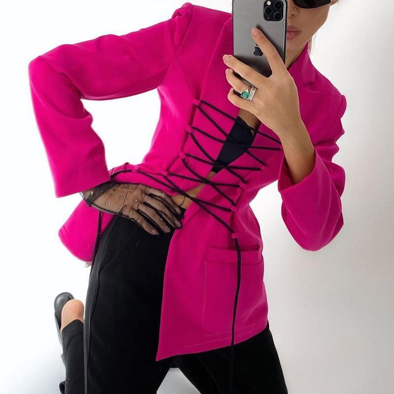 Jesień Zima Stylowy Bandaż Topy Płaszcz Dla Kobiet Jednolity Kolor Casual Kurtki Eleganckie Biuro Lady Streetwear Kurtka Kobieta
