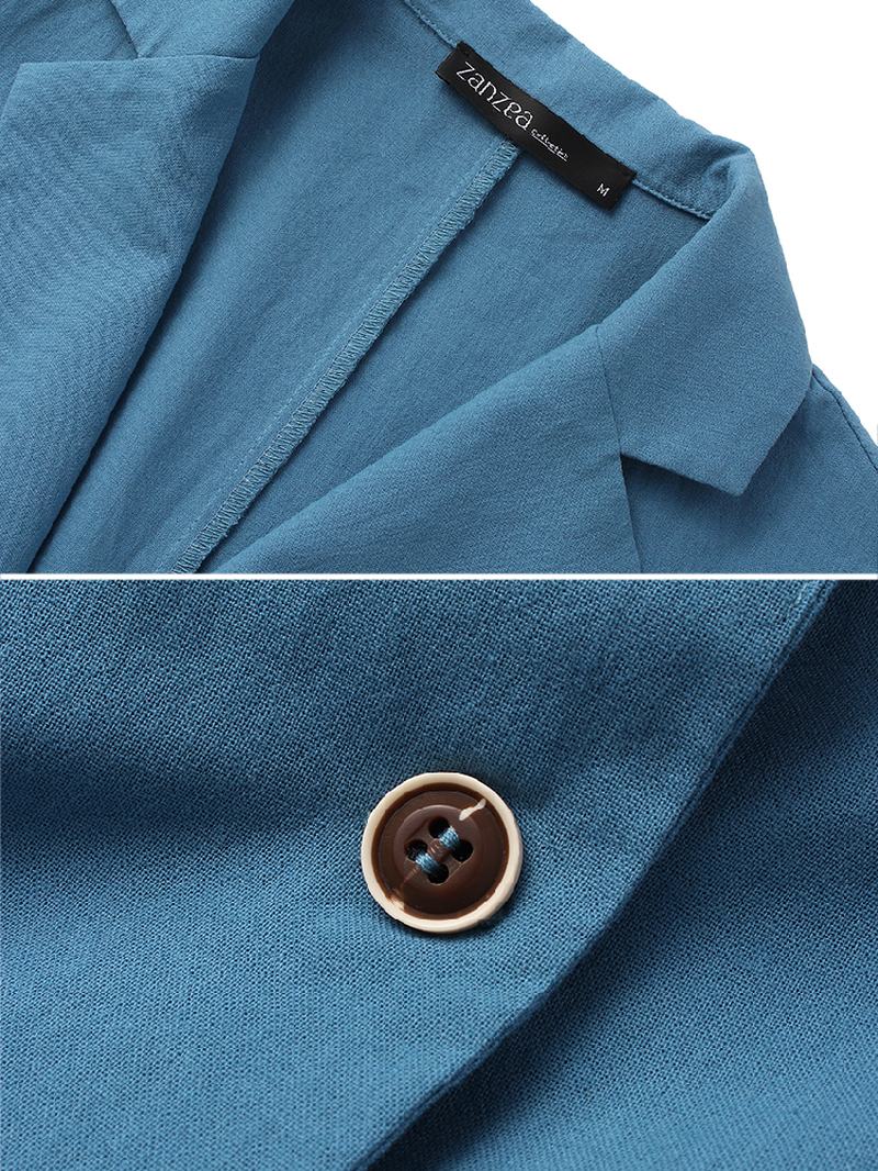 Kobiety 100% Bawełna Solid Color Button Front Business Cienka Marynarka Na Wszystkie Mecze Z Kieszenią