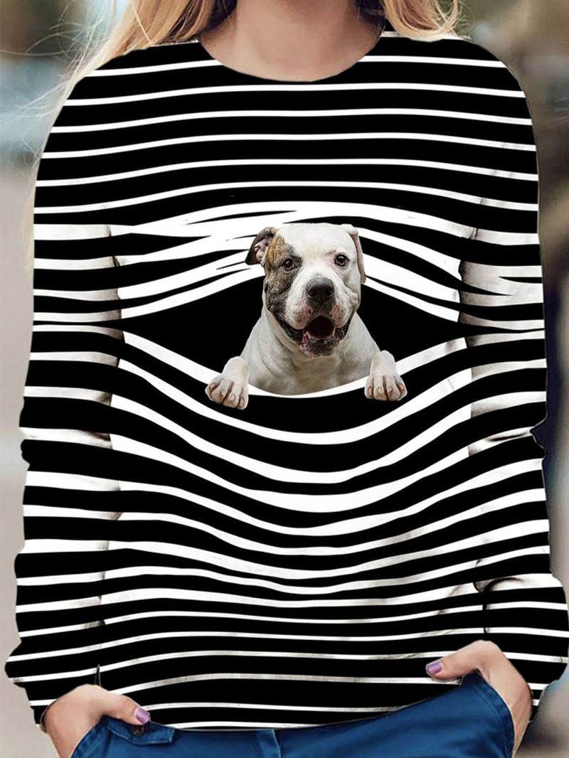 Kobiety 3d Dog & Stripe Drukowanie O-neck Pullover Casual Bluzy