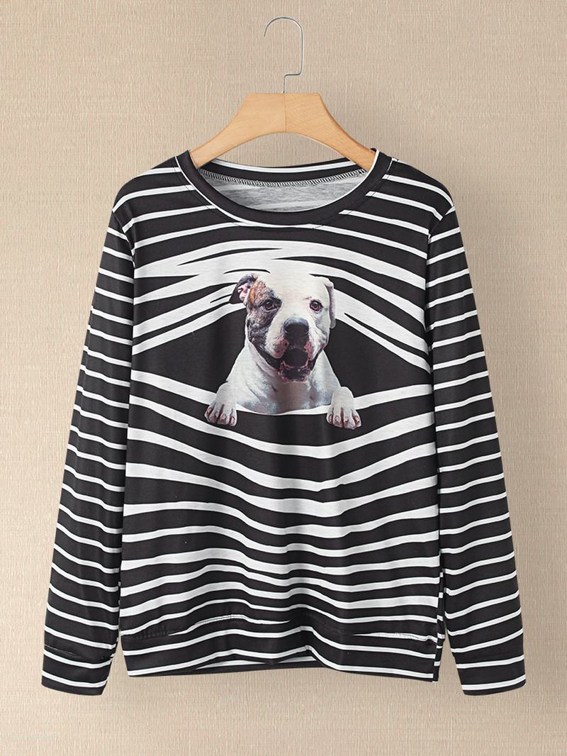 Kobiety 3d Dog & Stripe Drukowanie O-neck Pullover Casual Bluzy