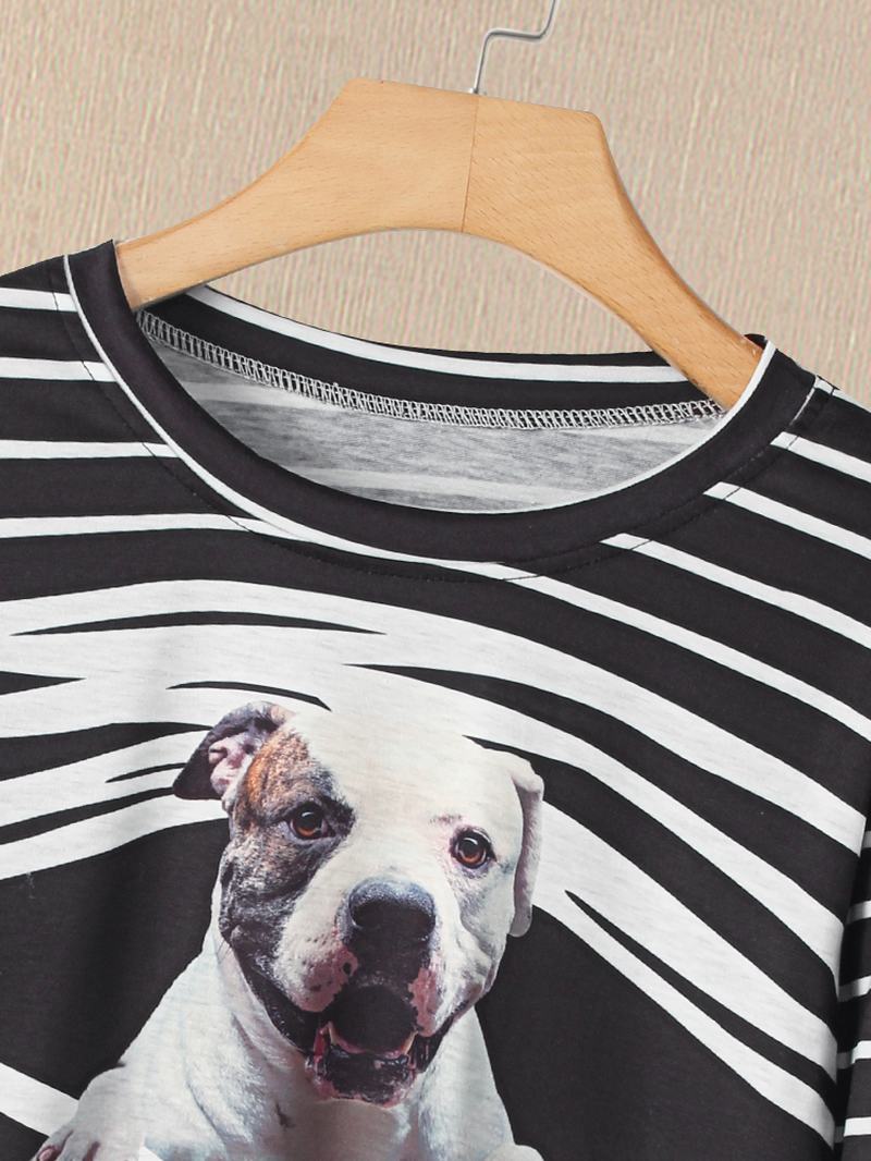 Kobiety 3d Dog & Stripe Drukowanie O-neck Pullover Casual Bluzy