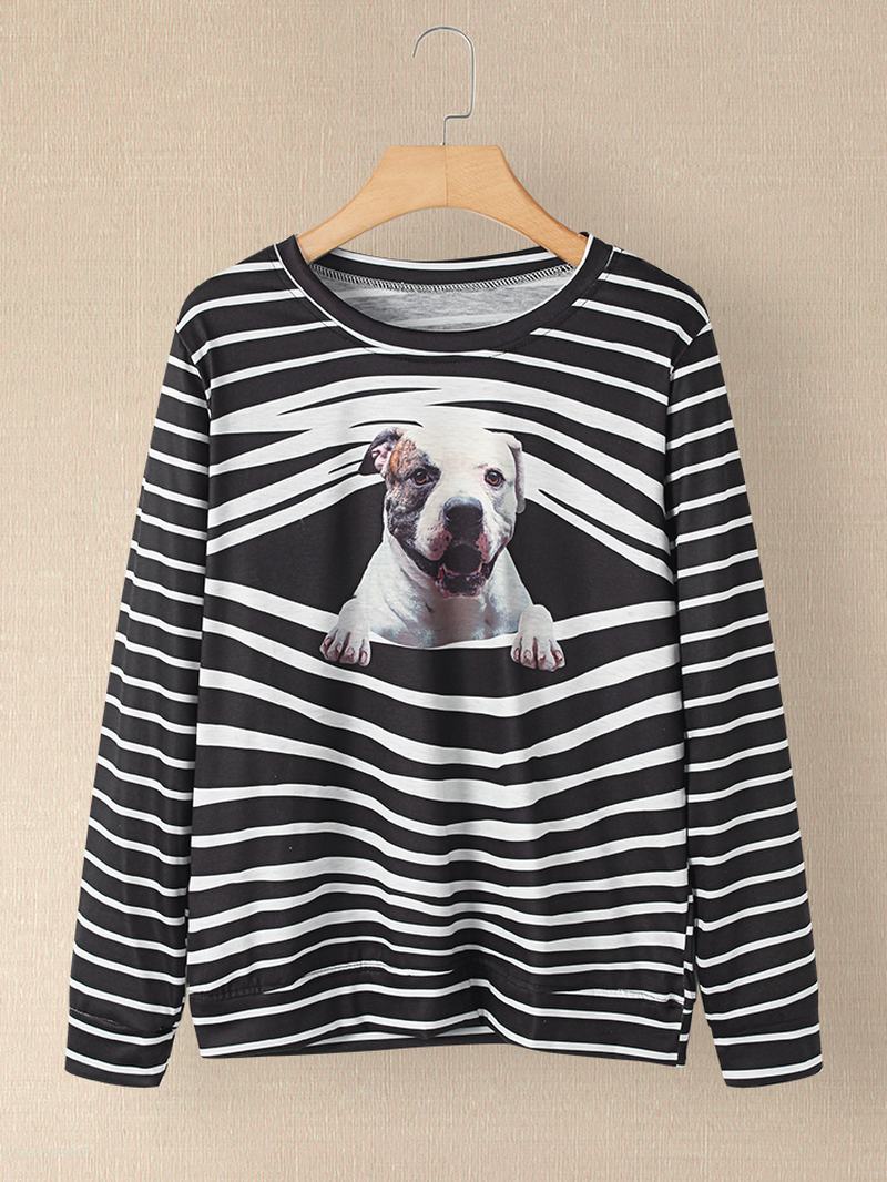 Kobiety 3d Dog & Stripe Drukowanie O-neck Pullover Casual Bluzy