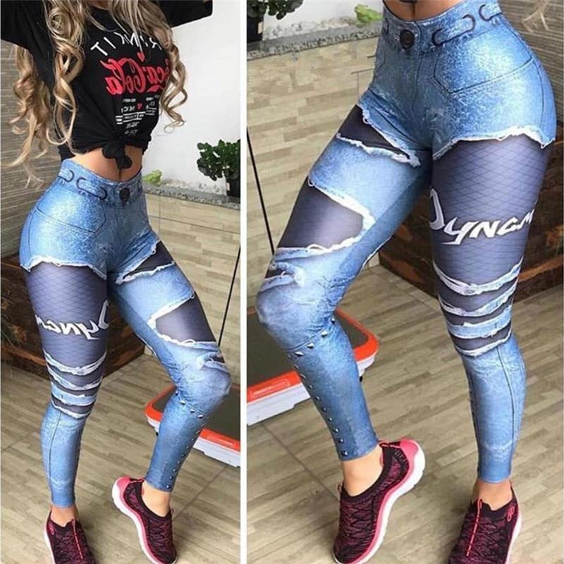 Kobiety 3d Drukowane Fałszywe Denim Niebieskie Legginsy Z Siateczki Elastyczne Legginsy Treningowe Moda 2019 Kobiece Legginsy Plus Rozmiar Femme