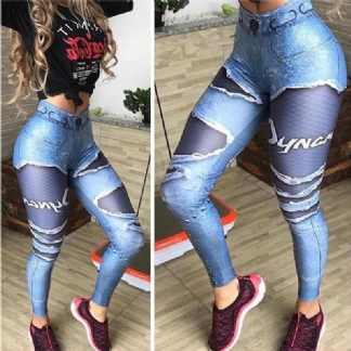 Kobiety 3d Drukowane Fałszywe Denim Niebieskie Legginsy Z Siateczki Elastyczne Legginsy Treningowe Moda 2019 Kobiece Legginsy Plus Rozmiar Femme