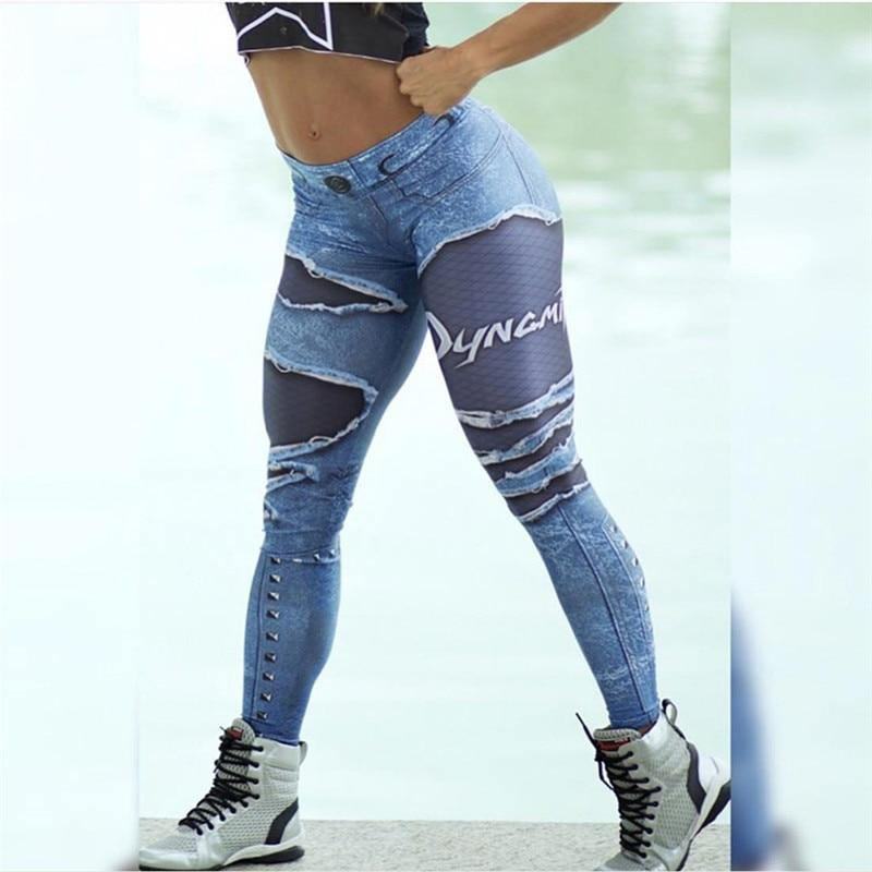 Kobiety 3d Drukowane Fałszywe Denim Niebieskie Legginsy Z Siateczki Elastyczne Legginsy Treningowe Moda 2019 Kobiece Legginsy Plus Rozmiar Femme