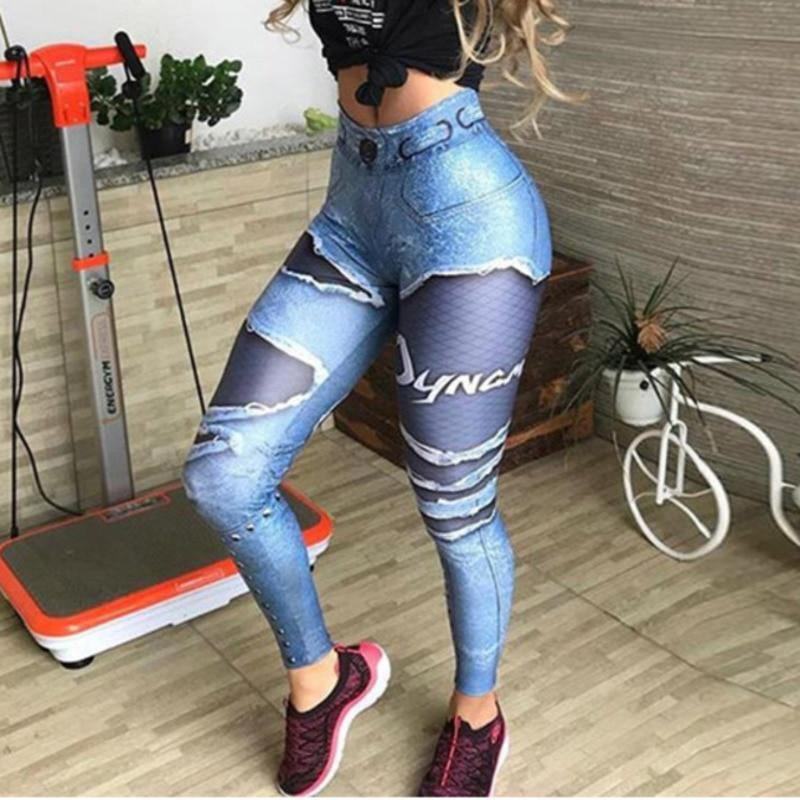 Kobiety 3d Drukowane Fałszywe Denim Niebieskie Legginsy Z Siateczki Elastyczne Legginsy Treningowe Moda 2019 Kobiece Legginsy Plus Rozmiar Femme