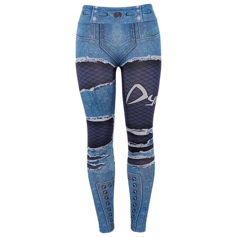 Kobiety 3d Drukowane Fałszywe Denim Niebieskie Legginsy Z Siateczki Elastyczne Legginsy Treningowe Moda 2019 Kobiece Legginsy Plus Rozmiar Femme