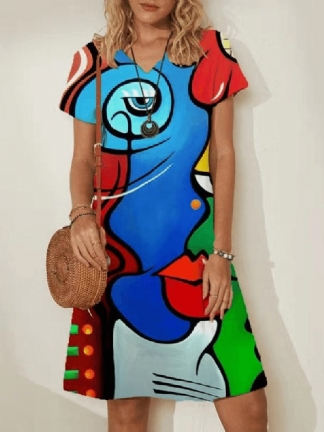 Kobiety Abstrakcyjna Figura Z Nadrukiem Z Dekoltem W Szpic Z Krótkim Rękawem Casual Midi Sukienki