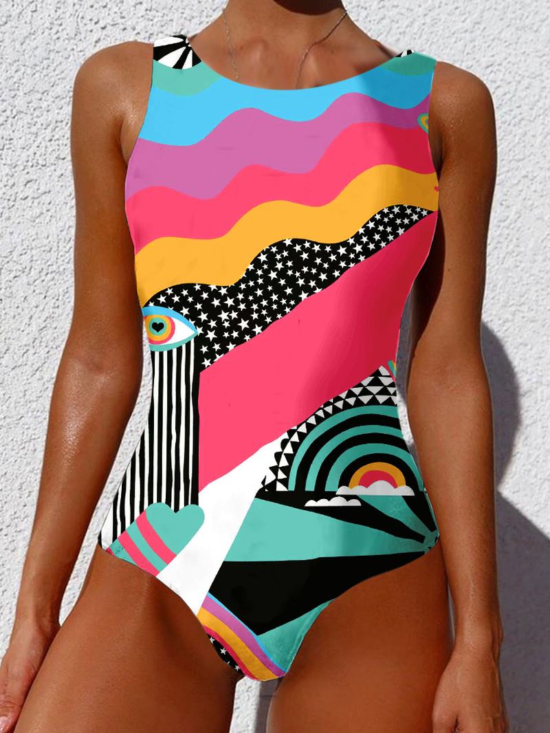 Kobiety Abstrakcyjny Wzór Nadruku Szerokie Paski Backless Beach One Piece