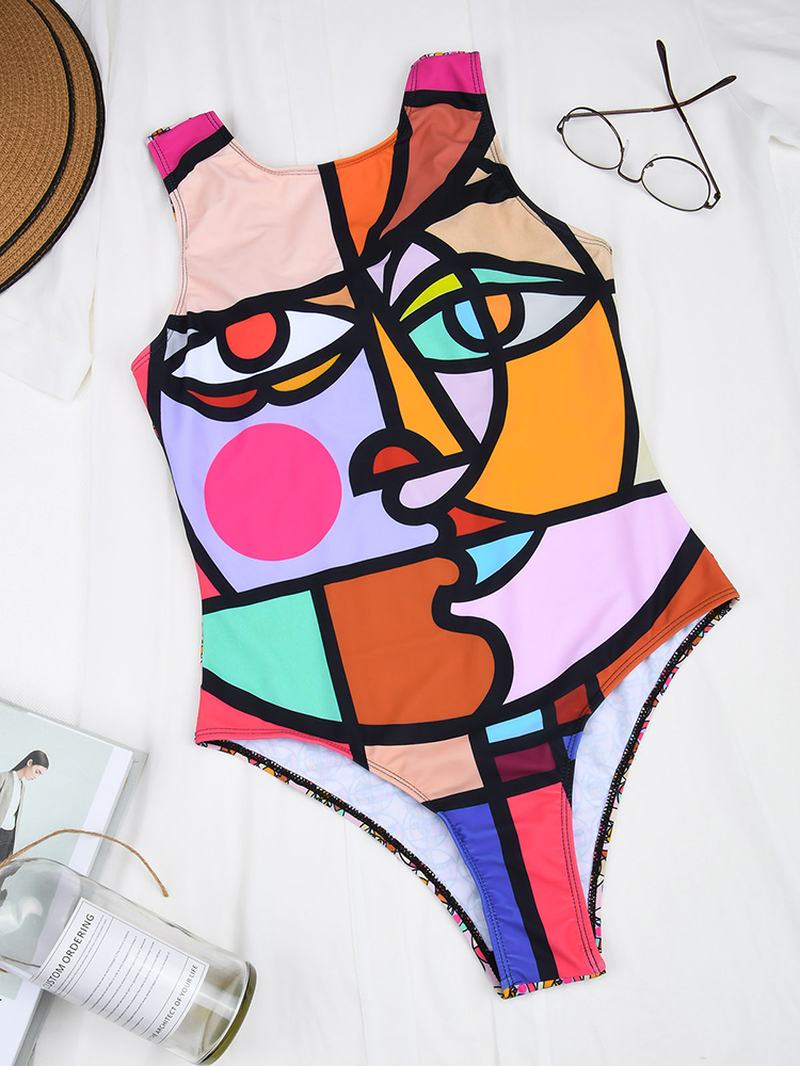 Kobiety Abstrakcyjny Wzór Nadruku Szerokie Paski Backless Beach One Piece