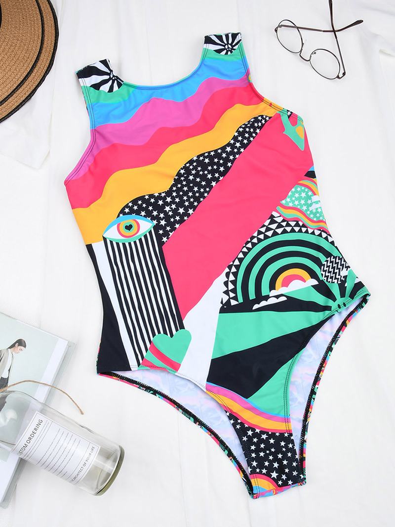 Kobiety Abstrakcyjny Wzór Nadruku Szerokie Paski Backless Beach One Piece