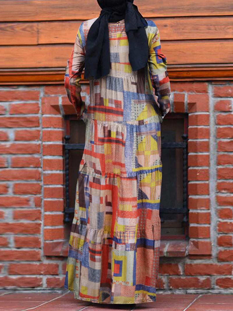 Kobiety Abstrakcyjny Wzór Warstwowa Szata W Stylu Vintage Długie Sukienki Maxi Z Kieszenią