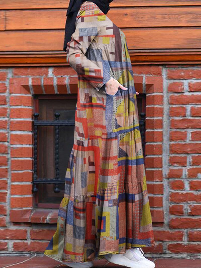 Kobiety Abstrakcyjny Wzór Warstwowa Szata W Stylu Vintage Długie Sukienki Maxi Z Kieszenią