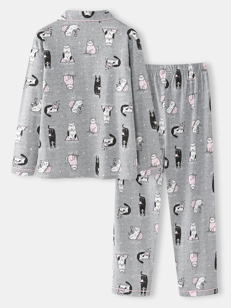 Kobiety Allover Kot Kreskówka Drukowanie Lapel Z Długim Rękawem Cotton Loungewear Zestawy Piżam Domowych