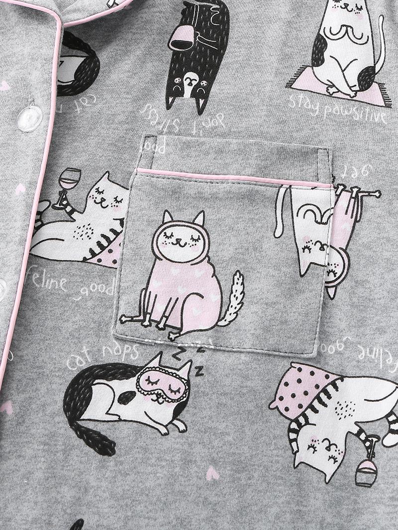 Kobiety Allover Kot Kreskówka Drukowanie Lapel Z Długim Rękawem Cotton Loungewear Zestawy Piżam Domowych