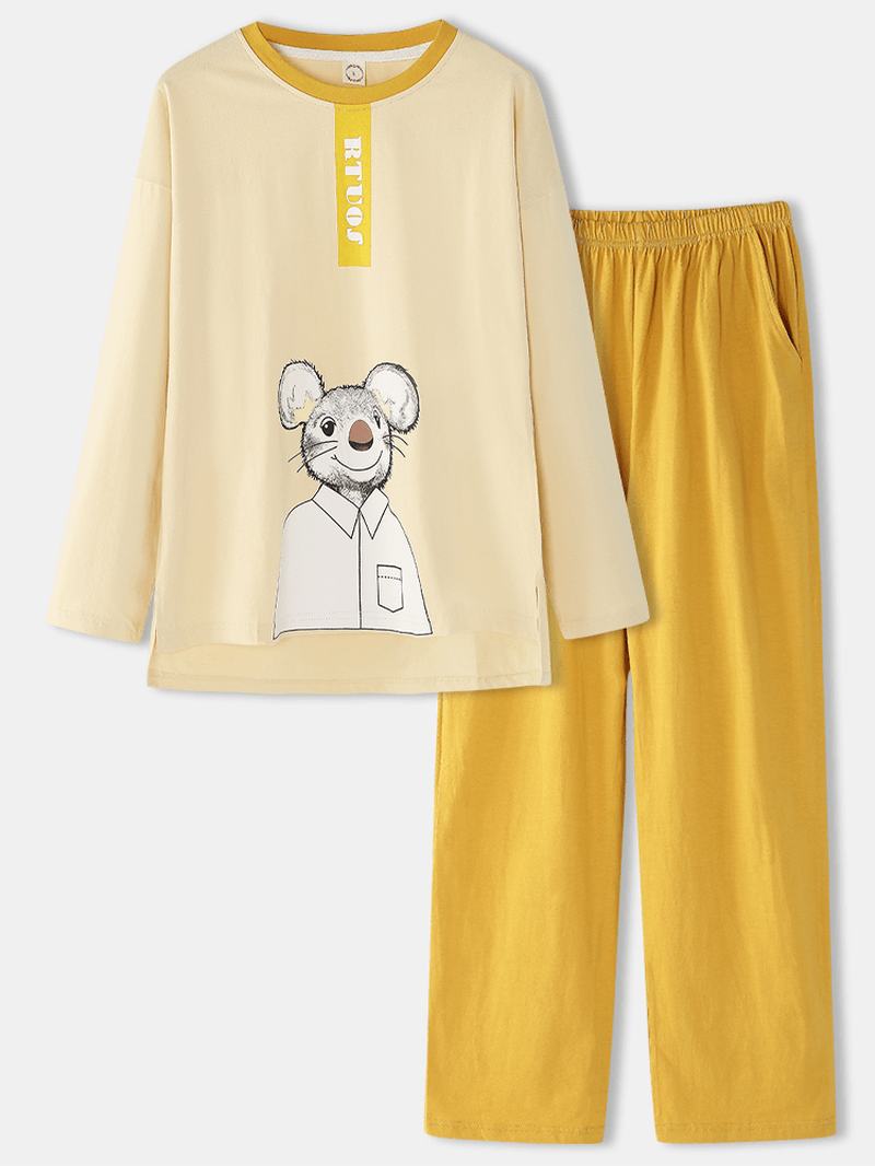 Kobiety Bawełna Cartoon Mouse Drukowanie Pullover Elastyczny Pas Kieszeń Luźne Spodnie Home Piżama Set