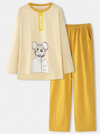 Kobiety Bawełna Cartoon Mouse Drukowanie Pullover Elastyczny Pas Kieszeń Luźne Spodnie Home Piżama Set