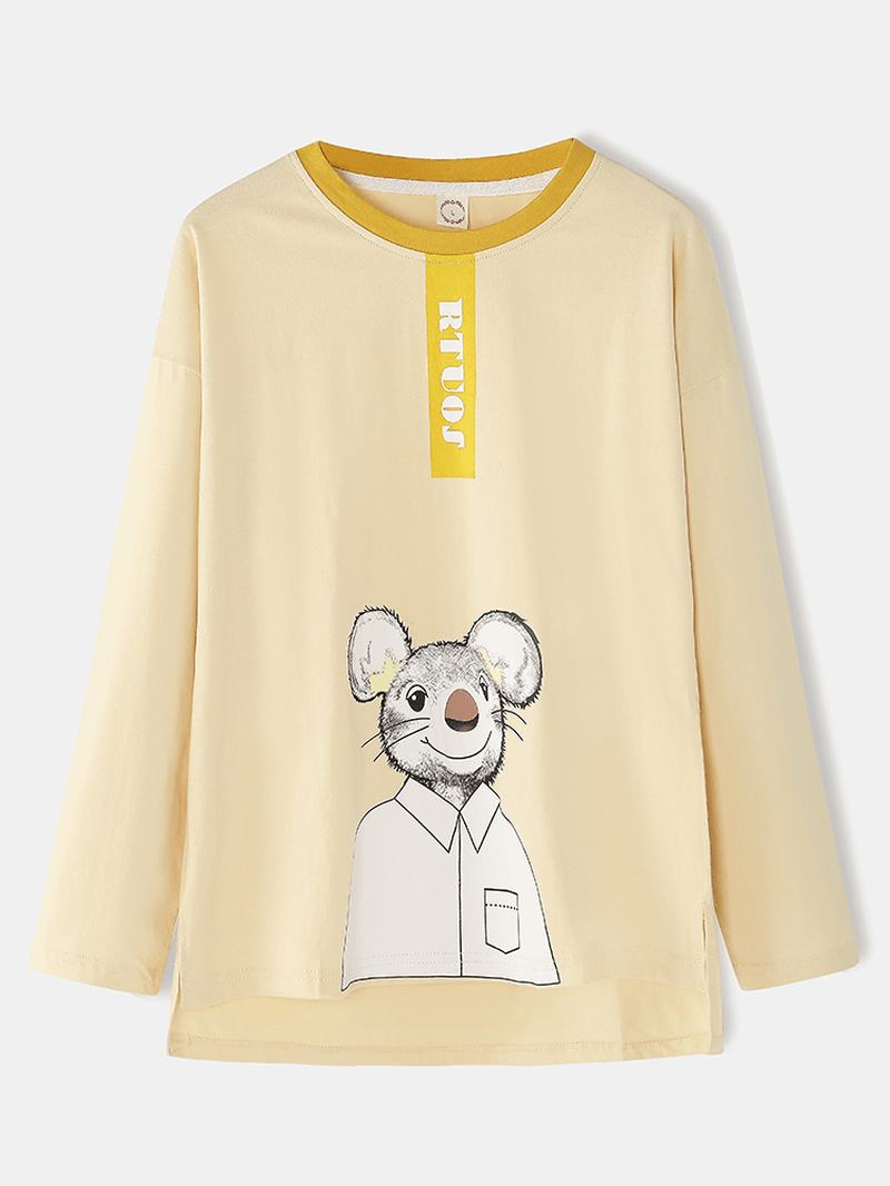 Kobiety Bawełna Cartoon Mouse Drukowanie Pullover Elastyczny Pas Kieszeń Luźne Spodnie Home Piżama Set