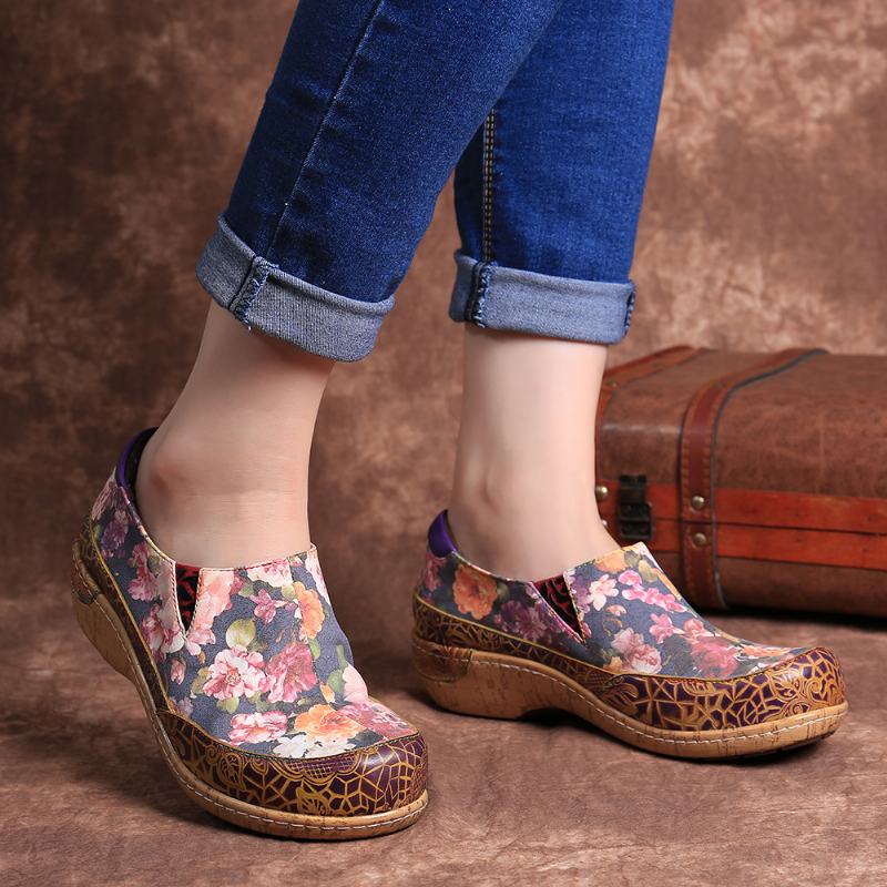 Kobiety Bloom Kwiaty Łączenie Retro Szwy Slip On Mieszkania