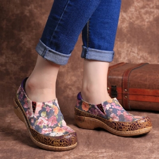 Kobiety Bloom Kwiaty Łączenie Retro Szwy Slip On Mieszkania
