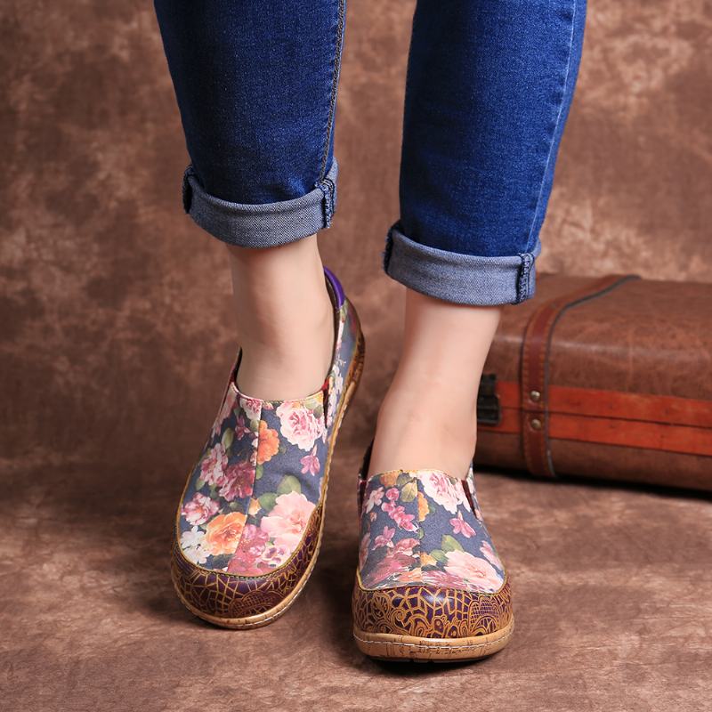 Kobiety Bloom Kwiaty Łączenie Retro Szwy Slip On Mieszkania