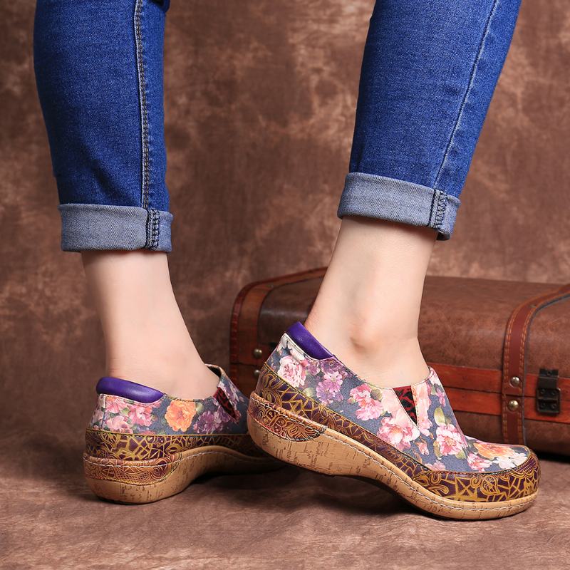 Kobiety Bloom Kwiaty Łączenie Retro Szwy Slip On Mieszkania