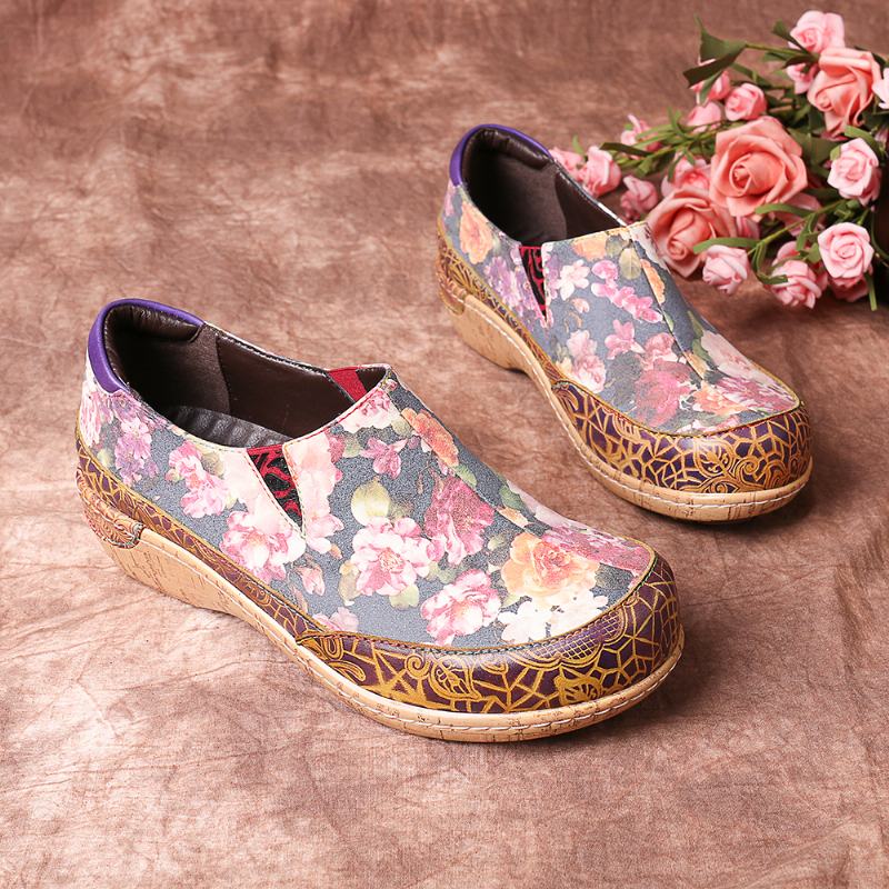 Kobiety Bloom Kwiaty Łączenie Retro Szwy Slip On Mieszkania