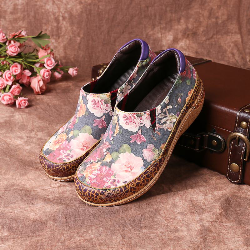 Kobiety Bloom Kwiaty Łączenie Retro Szwy Slip On Mieszkania