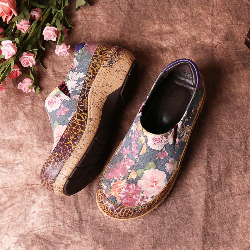 Kobiety Bloom Kwiaty Łączenie Retro Szwy Slip On Mieszkania