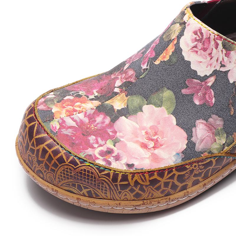 Kobiety Bloom Kwiaty Łączenie Retro Szwy Slip On Mieszkania