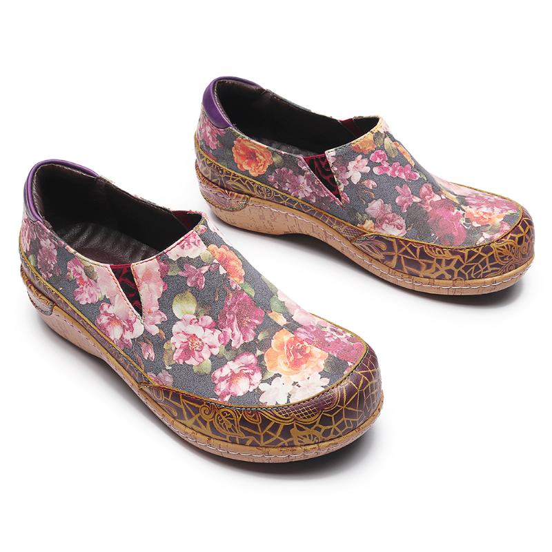 Kobiety Bloom Kwiaty Łączenie Retro Szwy Slip On Mieszkania