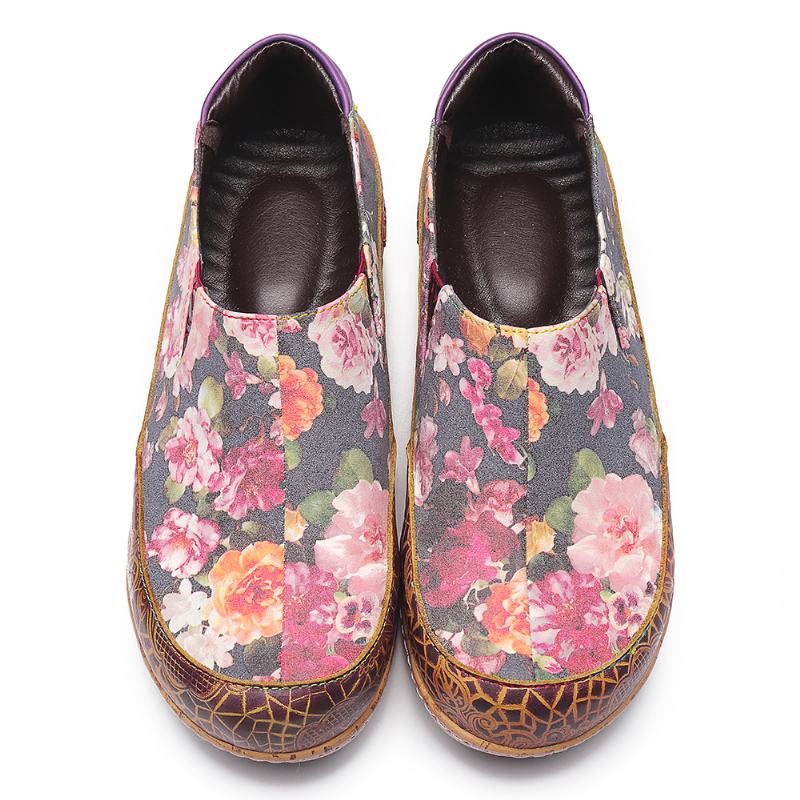 Kobiety Bloom Kwiaty Łączenie Retro Szwy Slip On Mieszkania