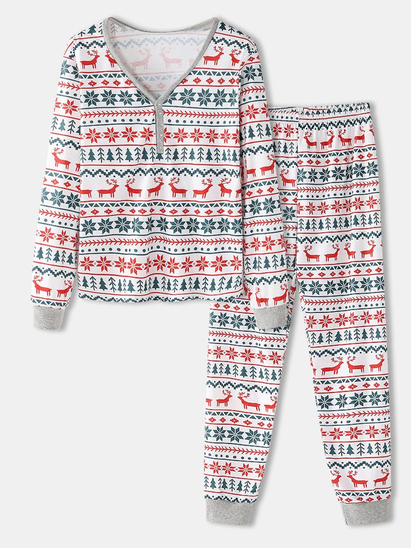 Kobiety Boże Narodzenie Cartoon Geometryczny Nadruk V-neck Sweter Elastyczny Pas Spodnie Do Biegania Domowy Zestaw Piżamy
