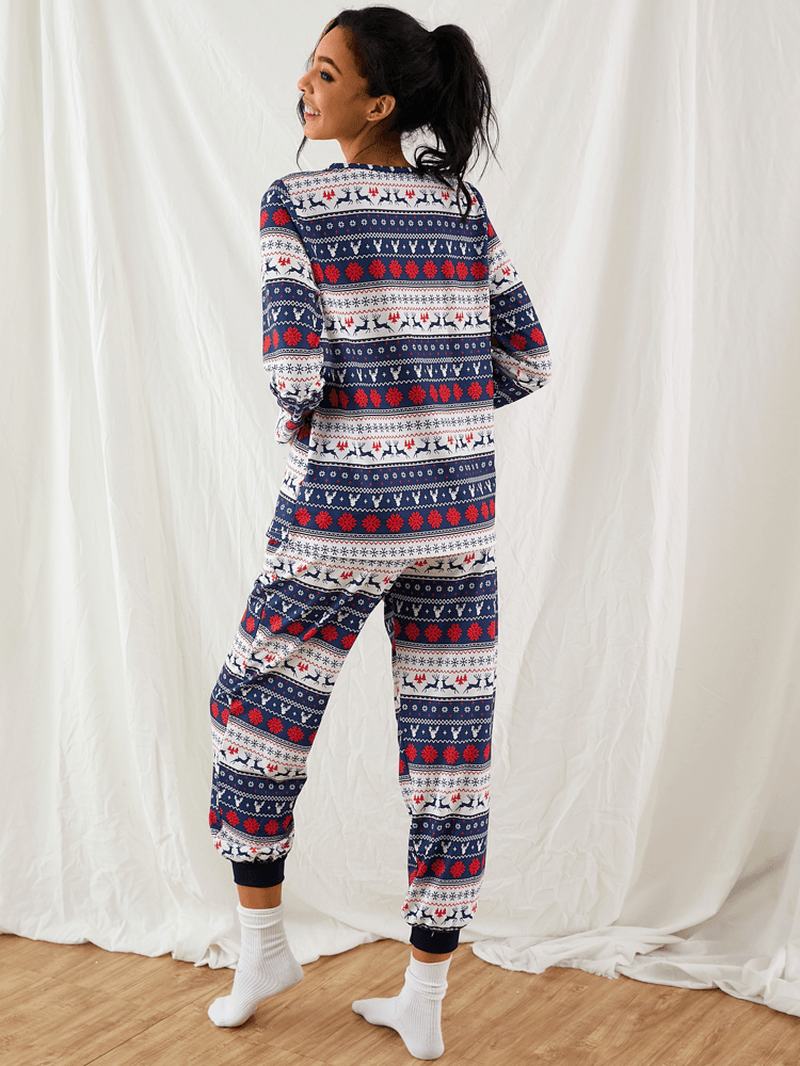 Kobiety Boże Narodzenie Cartoon Vintage Drukowanie Długi Rękaw Pullover Sznurek Jogger Pants Home Piżama Set