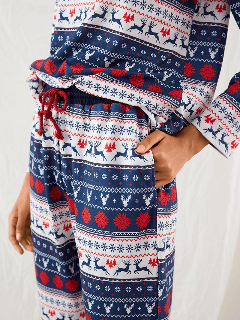 Kobiety Boże Narodzenie Cartoon Vintage Drukowanie Długi Rękaw Pullover Sznurek Jogger Pants Home Piżama Set