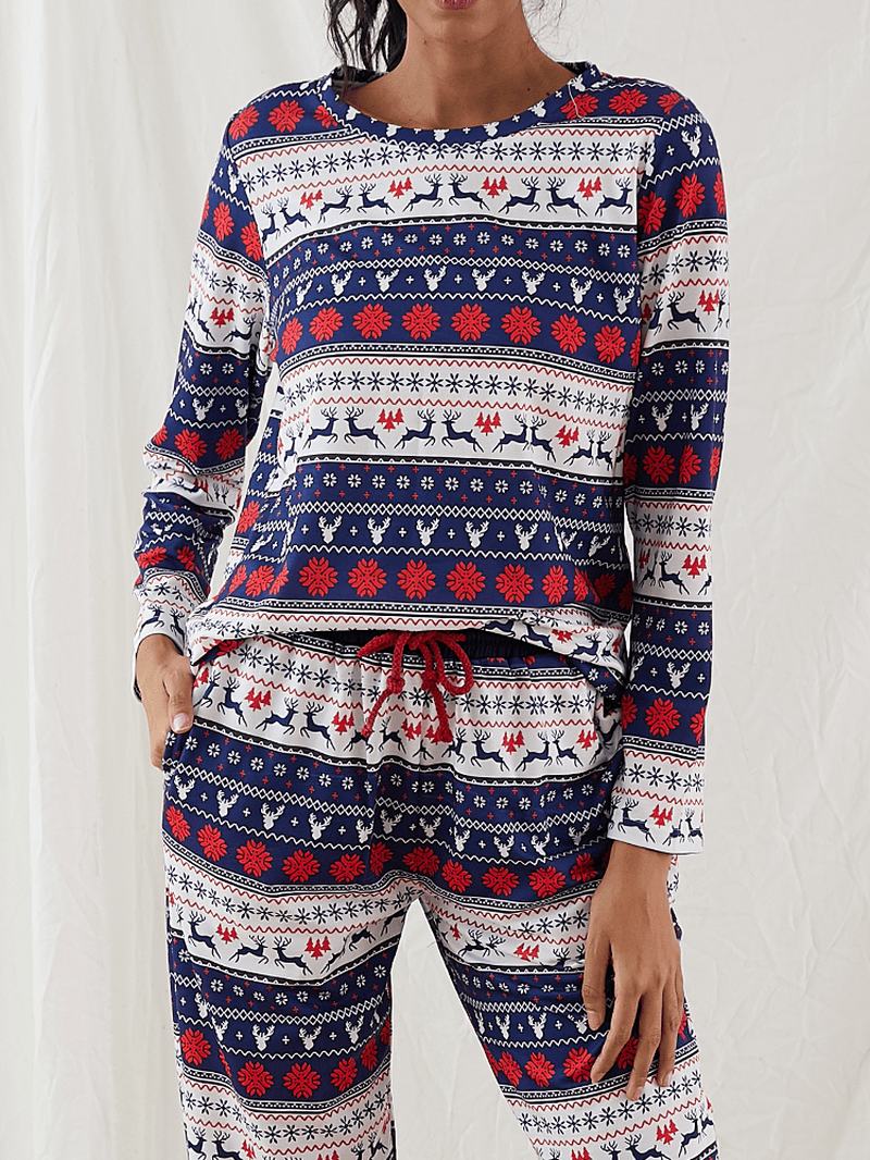 Kobiety Boże Narodzenie Cartoon Vintage Drukowanie Długi Rękaw Pullover Sznurek Jogger Pants Home Piżama Set