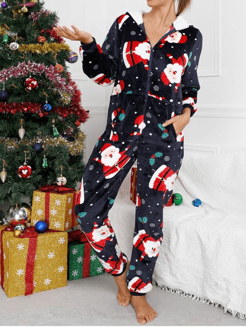 Kobiety Boże Narodzenie Santa Claus Drukowanie Flanelowe Uszy Projekt Z Kapturem Onesies Piżama Z Długim Rękawem