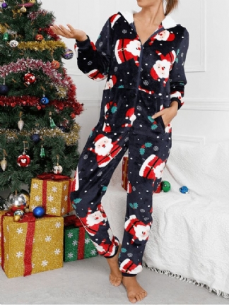 Kobiety Boże Narodzenie Santa Claus Drukowanie Flanelowe Uszy Projekt Z Kapturem Onesies Piżama Z Długim Rękawem