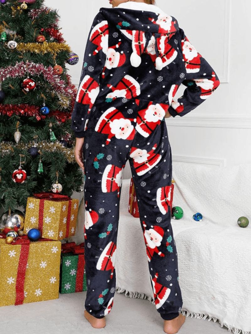 Kobiety Boże Narodzenie Santa Claus Drukowanie Flanelowe Uszy Projekt Z Kapturem Onesies Piżama Z Długim Rękawem