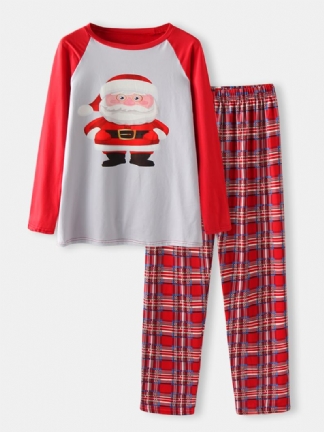 Kobiety Boże Narodzenie Santa Claus Drukowanie Pullover Plaid Elastyczne Spodnie W Pasie Home Casual Zestaw Piżamy