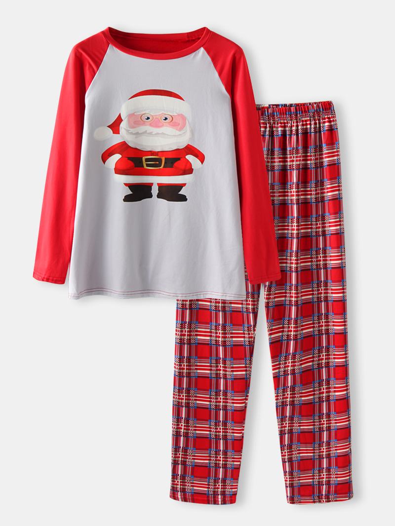 Kobiety Boże Narodzenie Santa Claus Drukowanie Pullover Plaid Elastyczne Spodnie W Pasie Home Casual Zestaw Piżamy