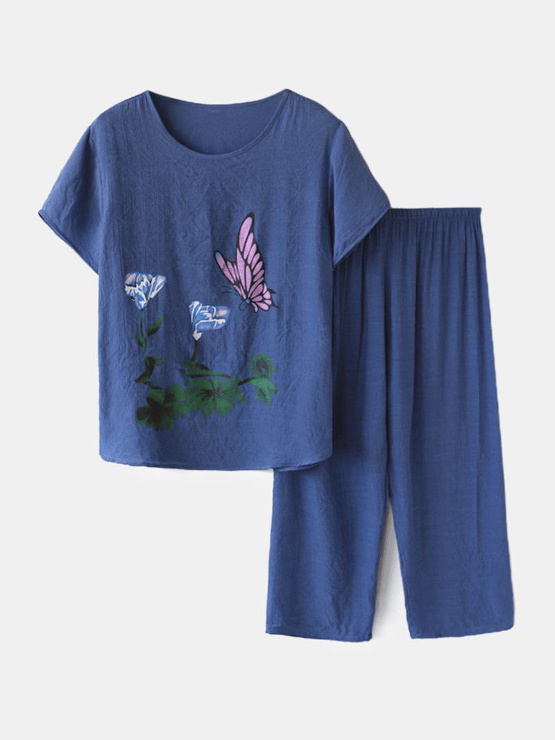 Kobiety Butterfly Flower Drukowanie Loungewear Luźna Oddychająca Letnia Piżama